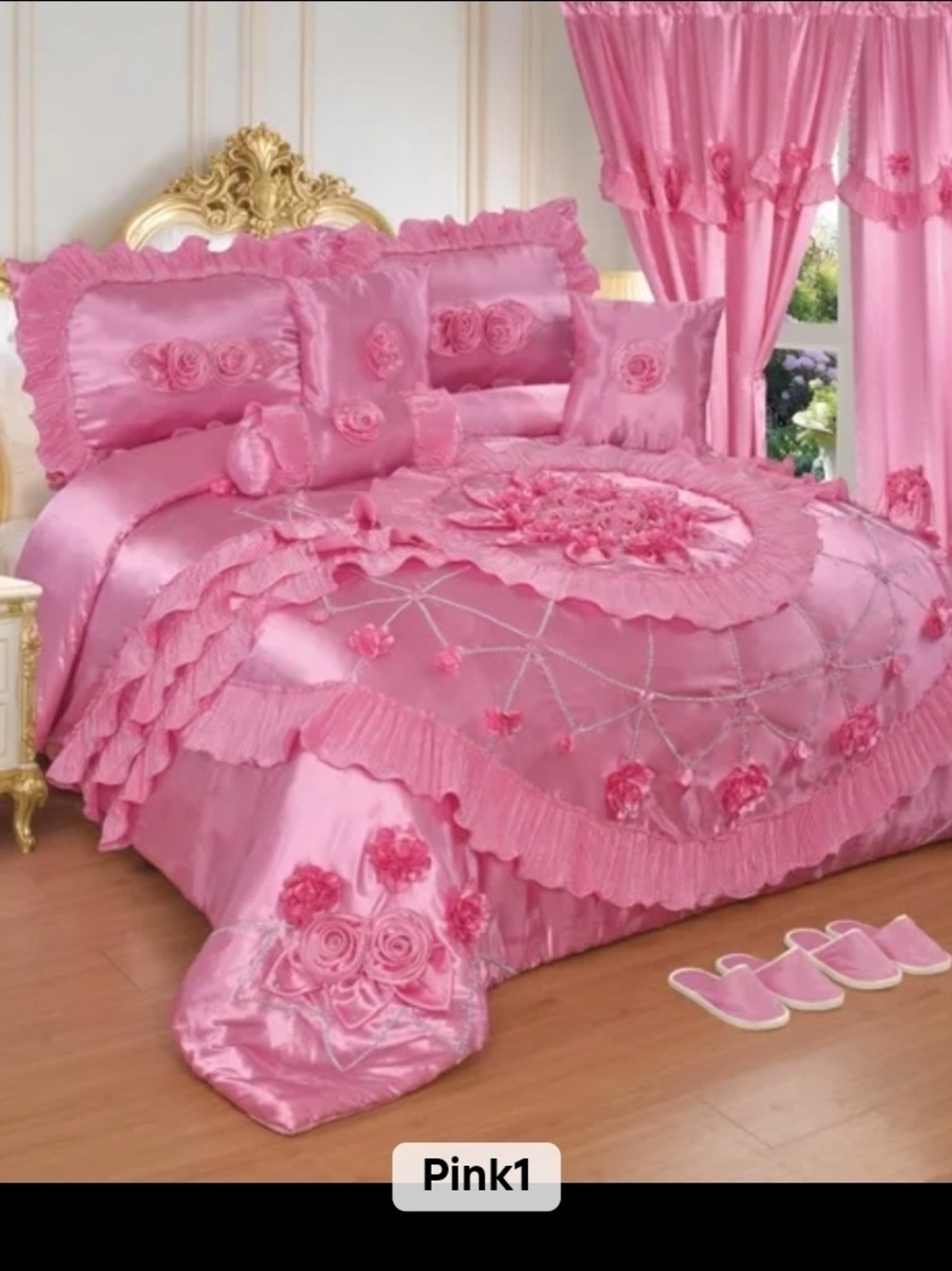 Liliana Pink Satin Ruffled Comforter Set